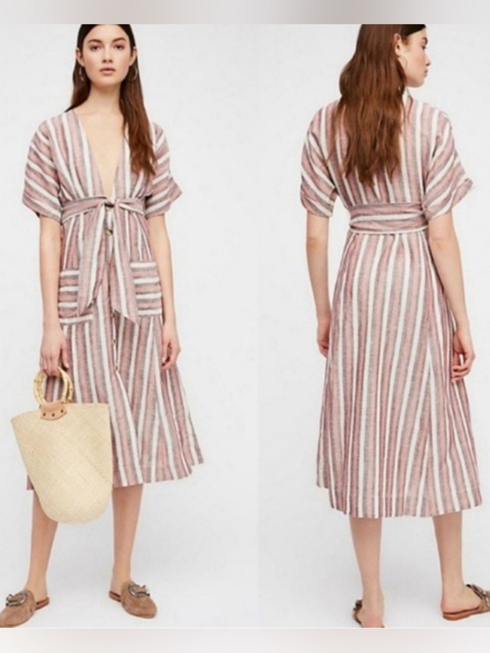 Free People Linen Monday Striped Tie-Front Midi Dress; M